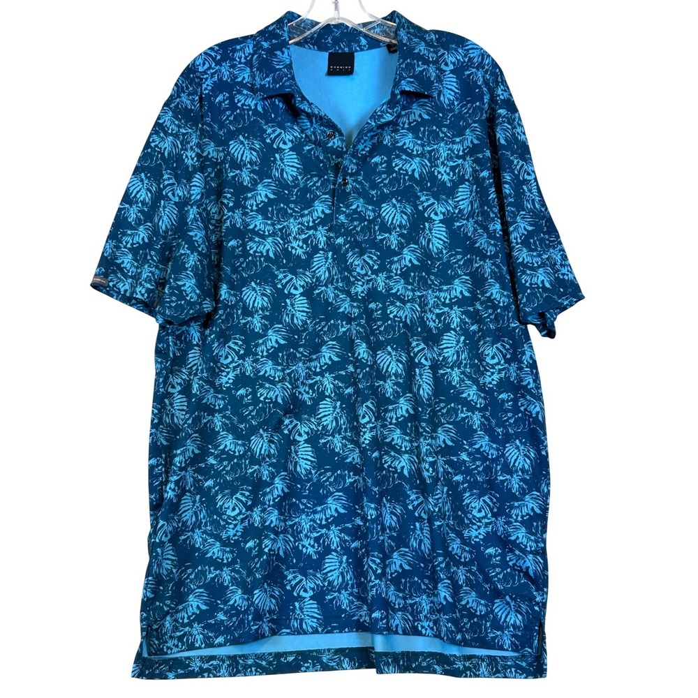 Dunning Golf Mens Large Blue Tropical Monstera Leaf Print Performance Polo Shirt